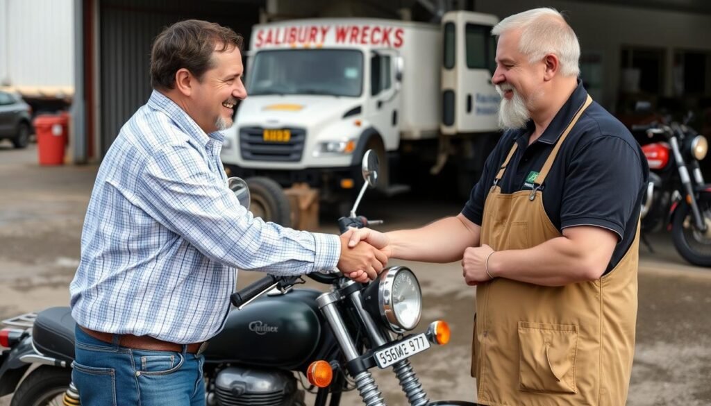 Cash payment for old motorcycle at Salisbury wrecker yard