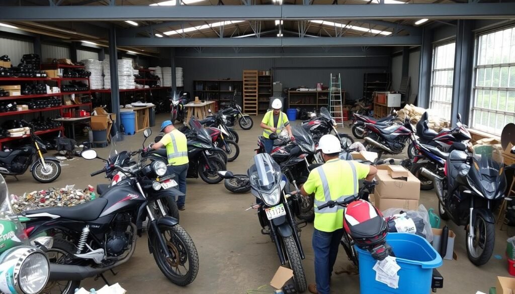 Eco-friendly motorcycle recycling process at Salisbury wrecker yard