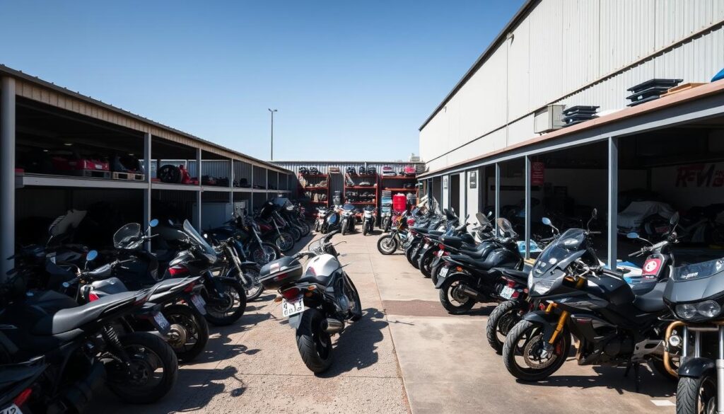Motorcycle Wrecker Christies Beach facility with various motorcycles and parts