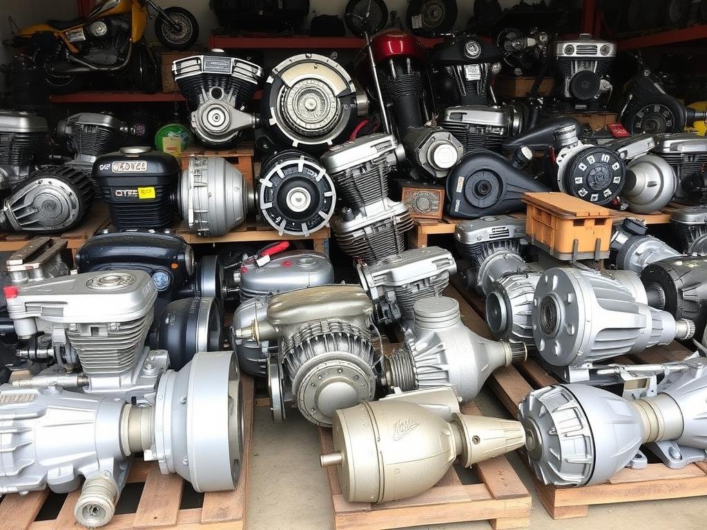 Motorcycle engines and transmissions at Salisbury wrecker yard