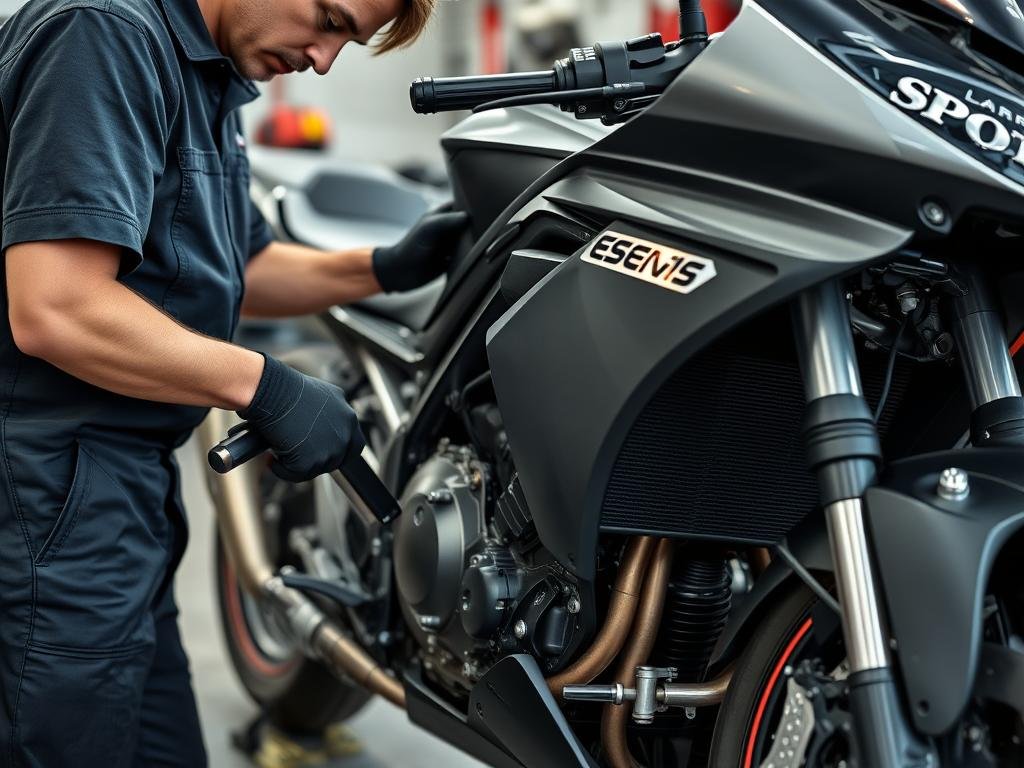 Motorcycle mechanic at Motorbike Wreckers Elizabeth carefully dismantling a sportbike