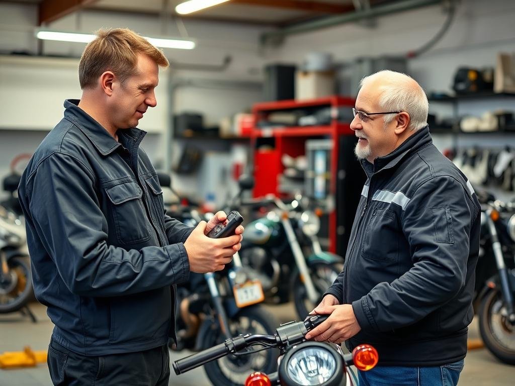 Motorcycle mechanic in Salisbury examining parts with customer