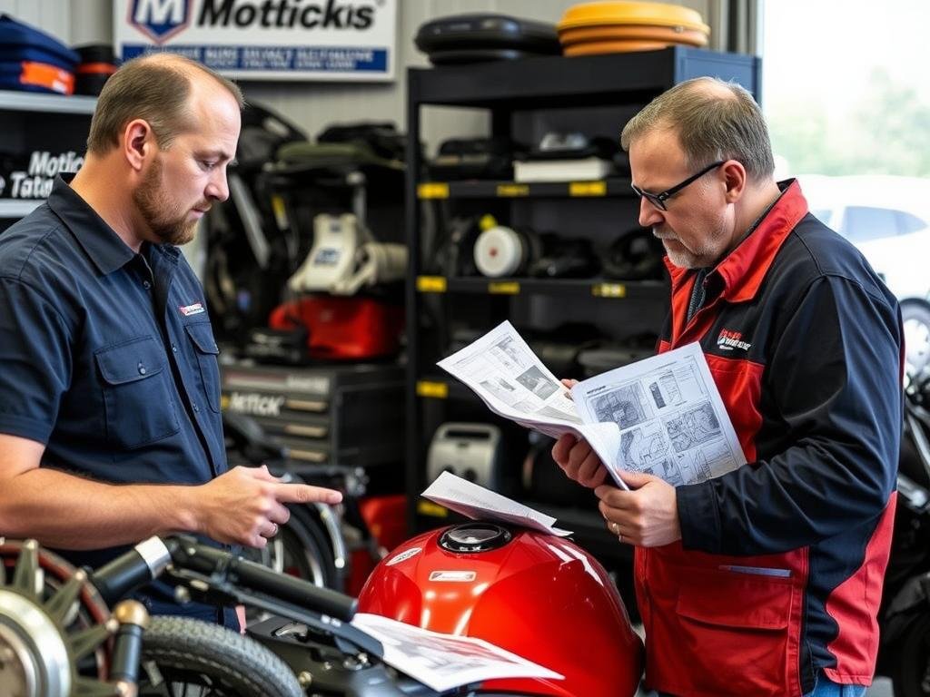 Motorcycle technician providing parts compatibility advice at Motorbike Wreckers Elizabeth