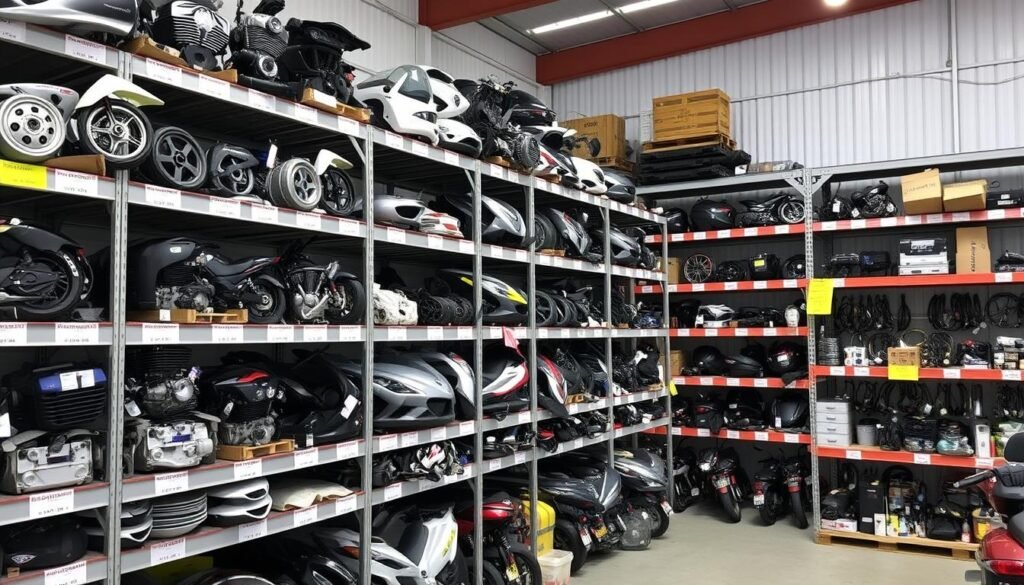 Organized motorcycle parts inventory at Christies Beach wrecker yard Organized motorcycle parts inventory at Christies Beach wrecker yard