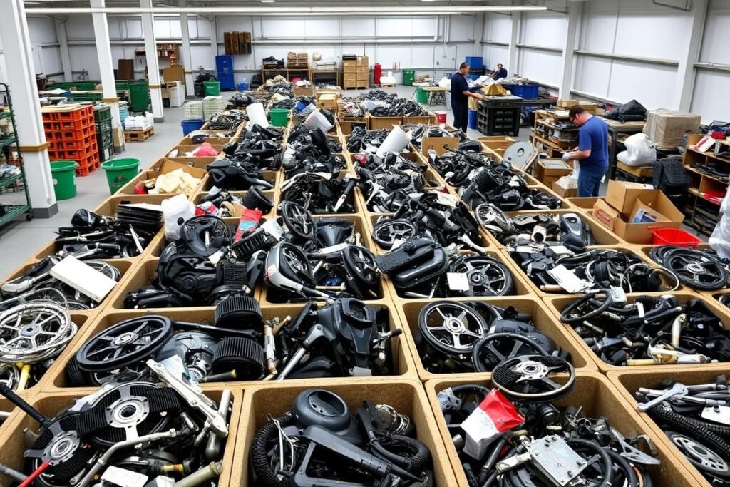Sorted motorcycle parts ready for recycling at Salisbury wrecker yard
