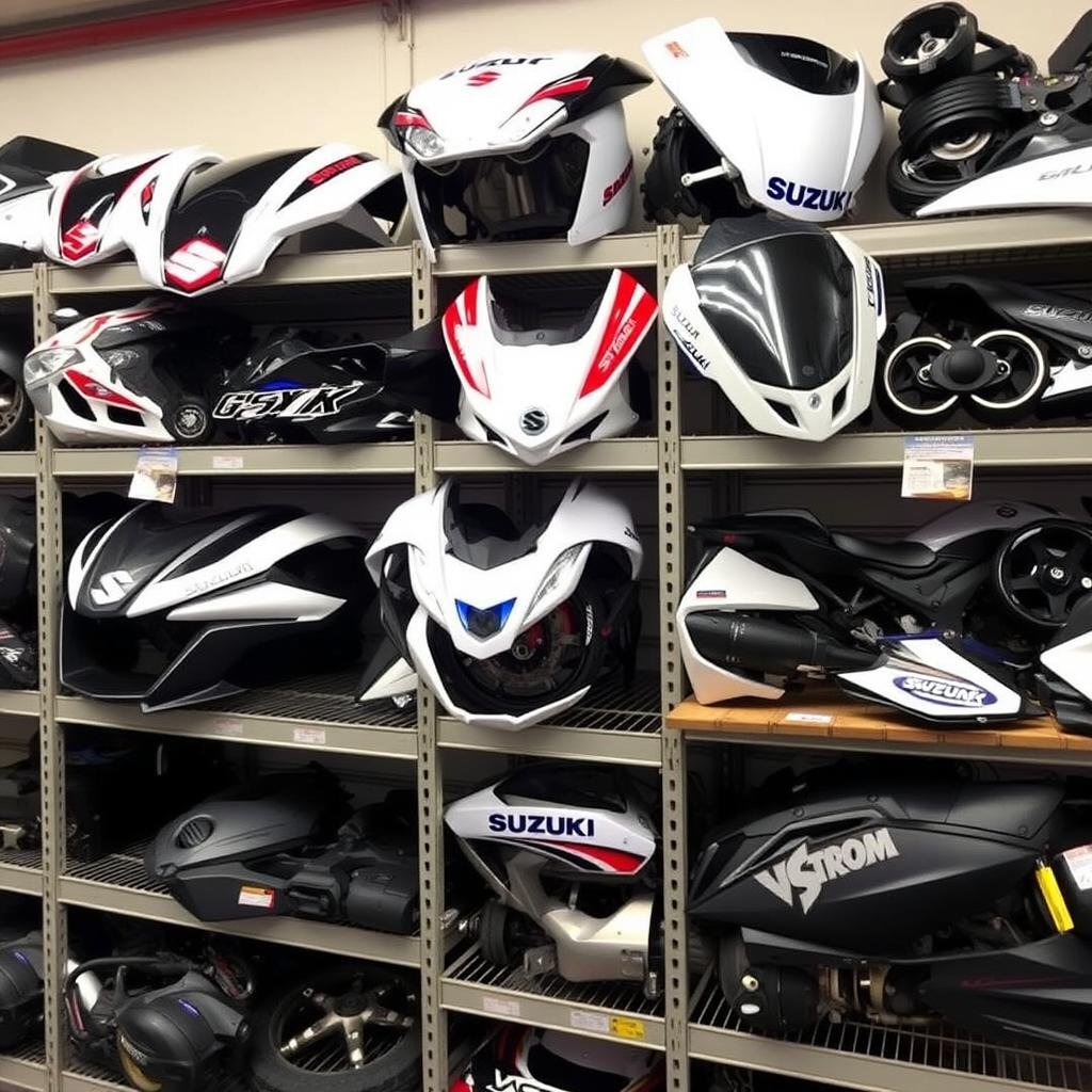 Suzuki motorcycle parts organized at Somerton Park wrecker Suzuki motorcycle parts organized at Somerton Park wrecker